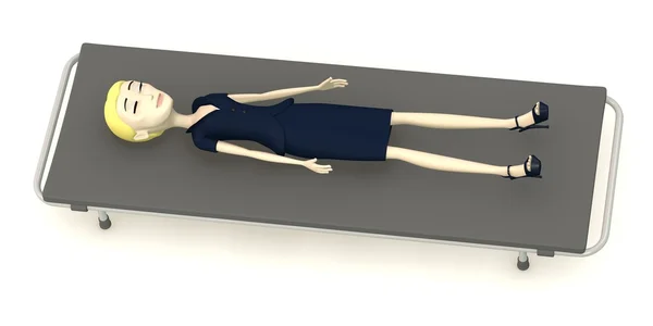 3D визуализация персонажа мультфильма на носилках — стоковое фото