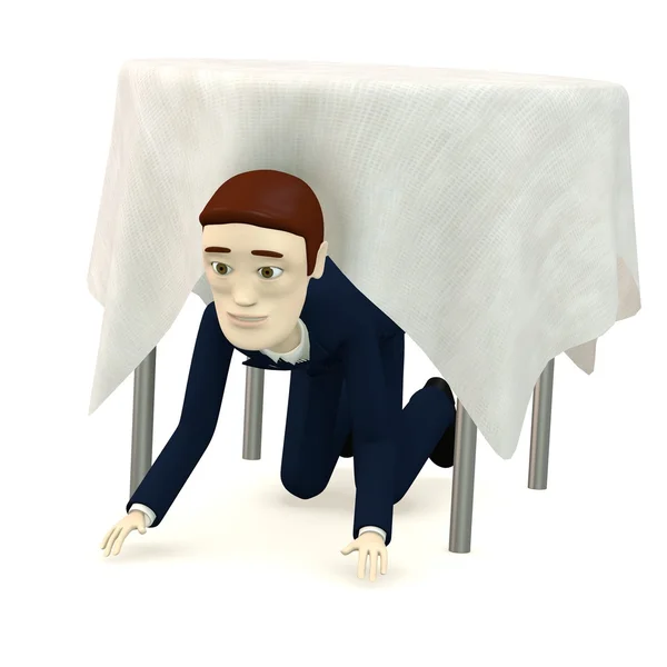 3D візуалізація персонажа мультфільму зі столом та скатертиною — стокове фото