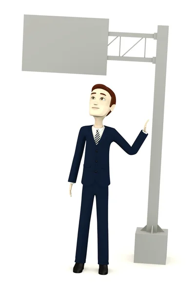 3D визуализация персонажа мультфильма с уличным знаком — стоковое фото