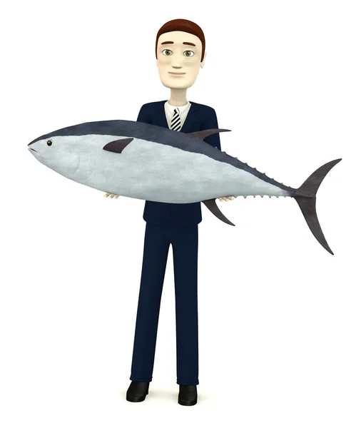 Ton balığı ile çizgi film karakteri 3D render — Stok fotoğraf