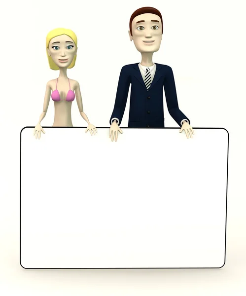 3d render of cartoon characters with empty board — Stock Photo, Image