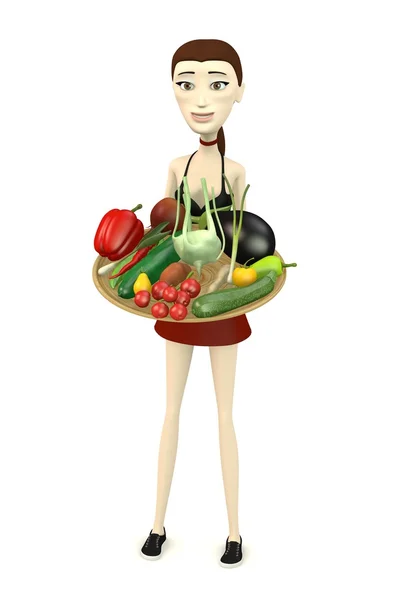 3D візуалізація мультиплікаційного персонажа з мискою овочів — стокове фото