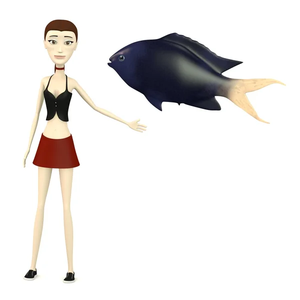 3d renderização de cartoon charcter com peixe — Fotografia de Stock