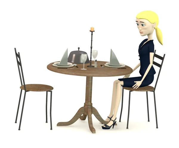 3d renderização de personagem cartoon senta-se no restaurante — Fotografia de Stock