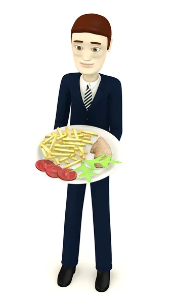 3D рендеринг мультипликационного персонажа с едой на тарелке — стоковое фото