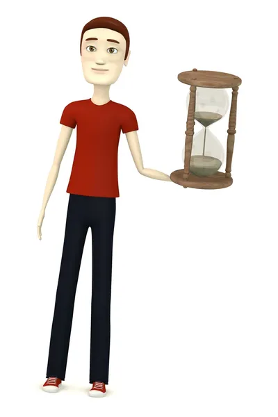 3d render of cartoon character with hourglass — Stock Photo, Image