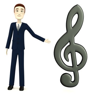 3D render çizgi film karakteri ile müzik simgesi