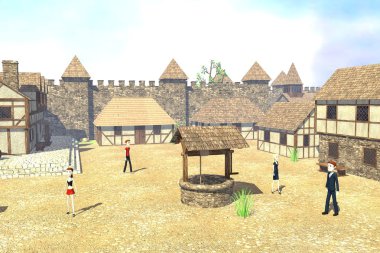çizgi film karakterleri ortaçağ şehir 3D render
