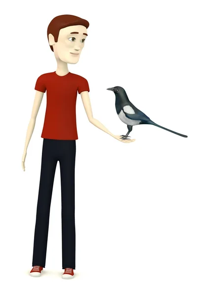 3d render of cartoon character with magpie — Stock Photo, Image