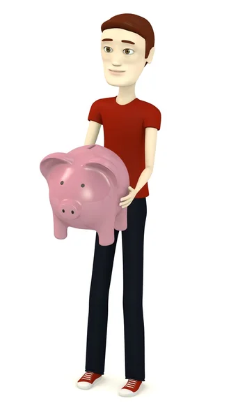 3d render of cartoon character with piggy bank — Stock Photo, Image