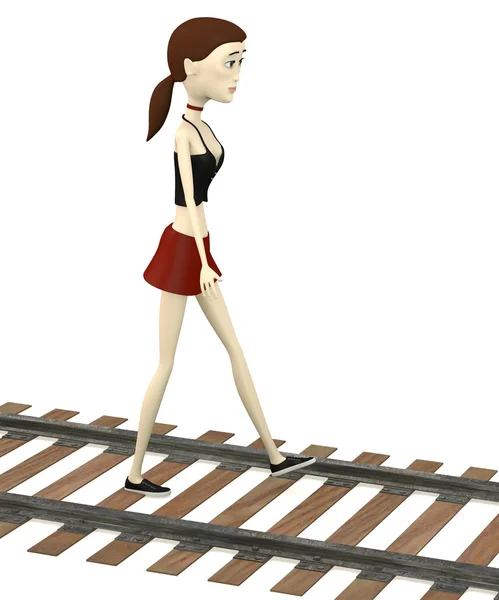 3D gör tecknad characer promenad på järnväg — Stockfoto