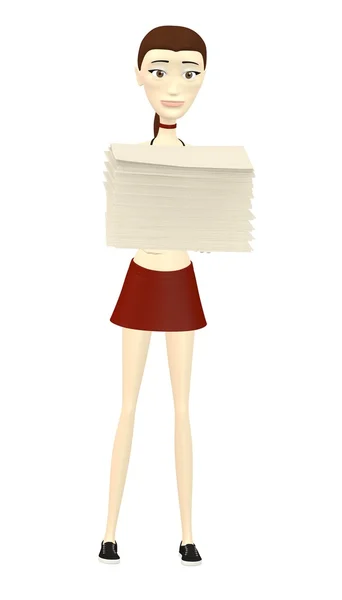 3d render of cartoon character with pile of papers — Stock Photo, Image