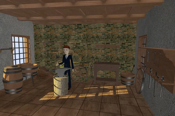 3D render av seriefiguren i smedjan — Stockfoto