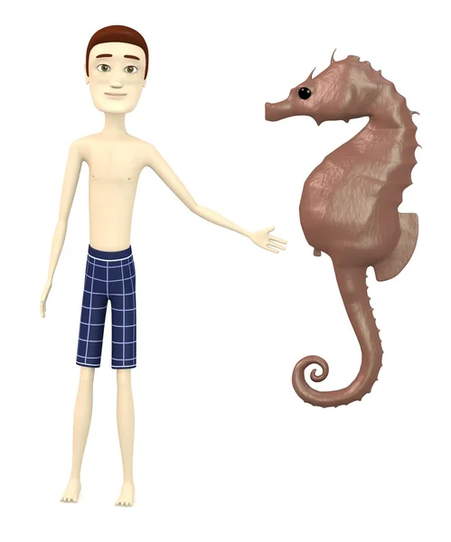 3D render van stripfiguur met seahorse — Stockfoto