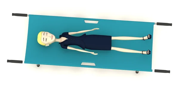 3D визуализация персонажа мультфильма на носилках — стоковое фото