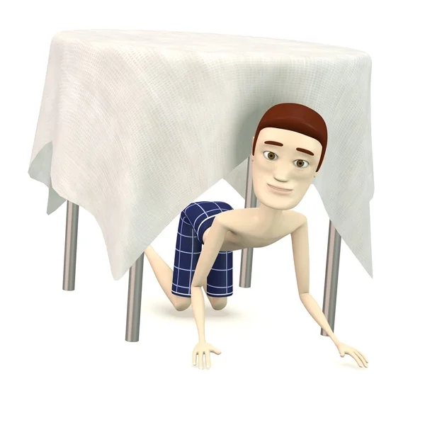 Renderização 3d de personagem de desenho animado com mesa e toalha de mesa — Fotografia de Stock