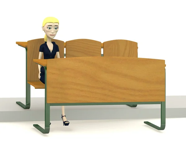 Çizgi film karakteri okul sandalye üzerinde 3D render — Stok fotoğraf