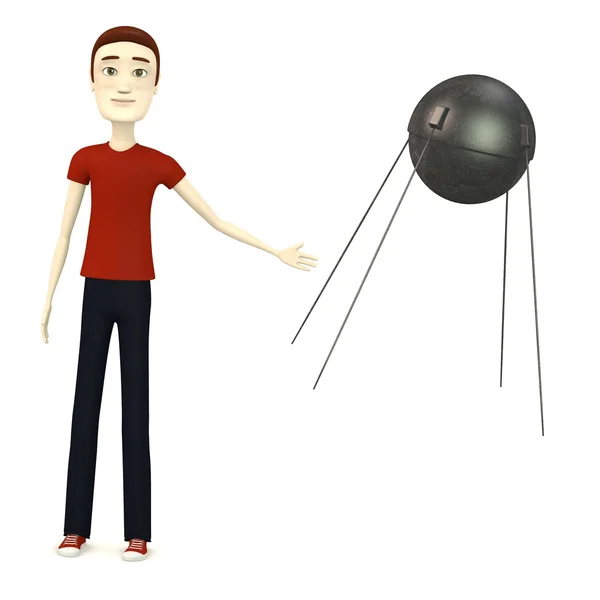 3D render van stripfiguur met sputnik — Stockfoto