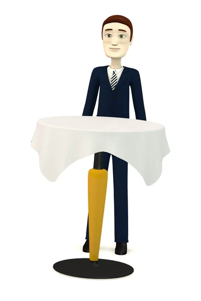 3d render of cartoon character with table — Stock Photo, Image