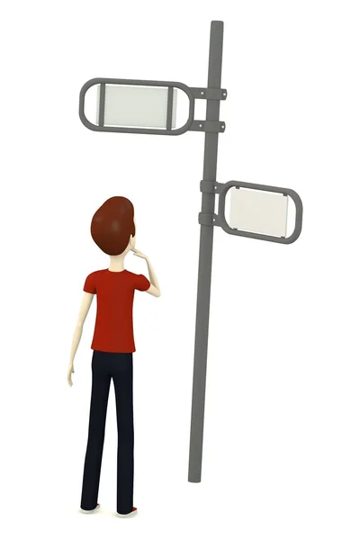 Renderização 3d de personagem de desenho animado com sinal — Fotografia de Stock