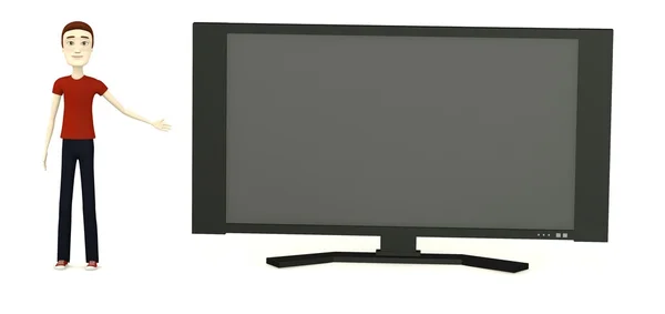 3D renderowania charcter kreskówka z widescreen tv — Zdjęcie stockowe