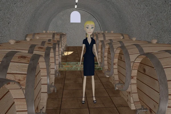 3d render of cartooon character in wine cellar — Stock Photo, Image