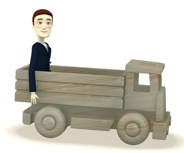 3D καθιστούν χαρακτήρα κινουμένων σχεδίων σε ξύλινα αυτοκίνητο — Φωτογραφία Αρχείου