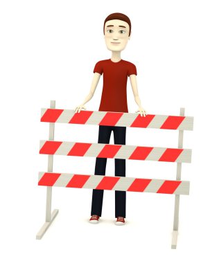 3D render trafik bariyeri ile çizgi film karakteri