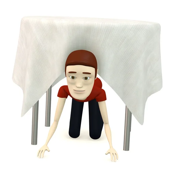 3d renderizado de personaje de dibujos animados con mesa y mantel — Foto de Stock