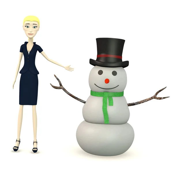 3d render of cartoon character with snowman — Stock Photo, Image