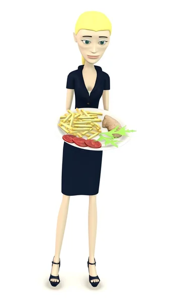 Renderização 3d de personagem de desenho animado com comida na placa — Fotografia de Stock