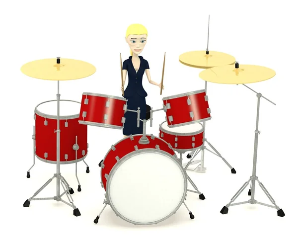 Rendering 3D del personaggio dei cartoni animati con drumset — Foto Stock