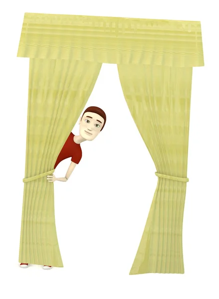 Renderização 3d de personagem de desenho animado escondido atrás da cortina — Fotografia de Stock