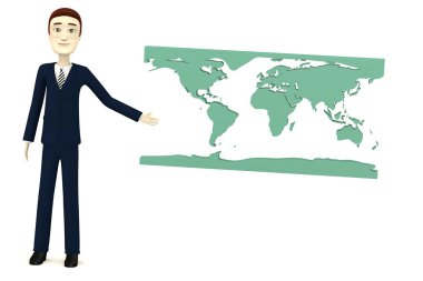 3D render earth harita ile çizgi film karakteri