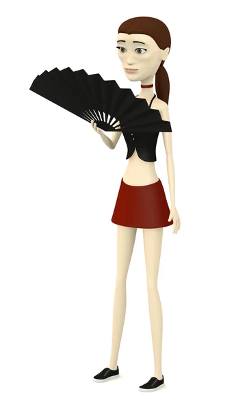 3D визуализация персонажа мультфильма с ручным вентилятором — стоковое фото