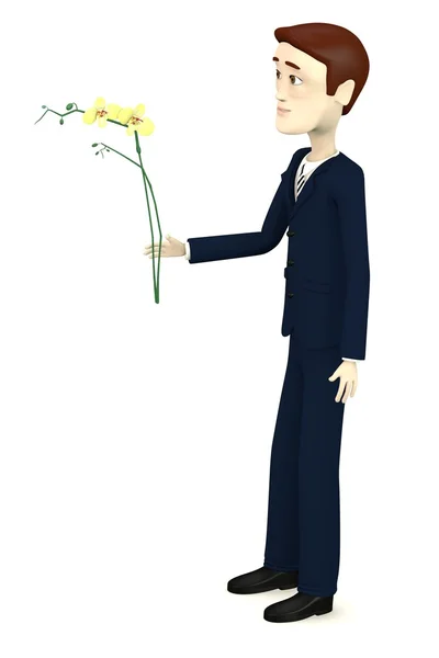 3d 呈现器的卡通人物与兰花 — 图库照片