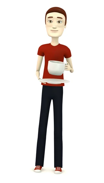 3D візуалізація мультиплікаційного персонажа з чашкою на тарілці — стокове фото