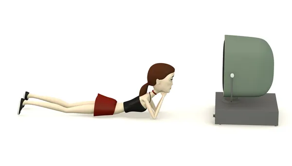 Rendering 3d del personaggio dei cartoni animati con tv retrò — Foto Stock