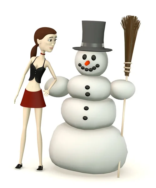 3d render of cartoon character with snowman — Stock Photo, Image