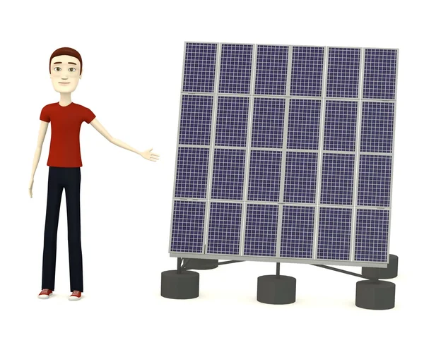 3d render of cartoon character with solar panel — Stock Photo, Image