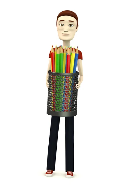 3D візуалізація мультиплікаційного персонажа з чашкою олівців — стокове фото