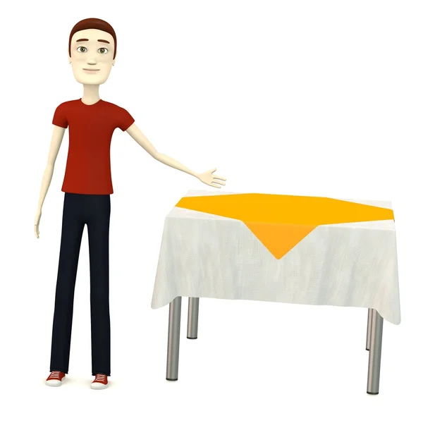 3D render van stripfiguur met tafel en tafellaken — Stockfoto