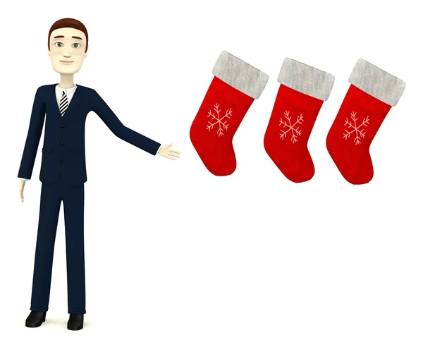 3d render of cartooon character with christmas socks — Stock Photo, Image