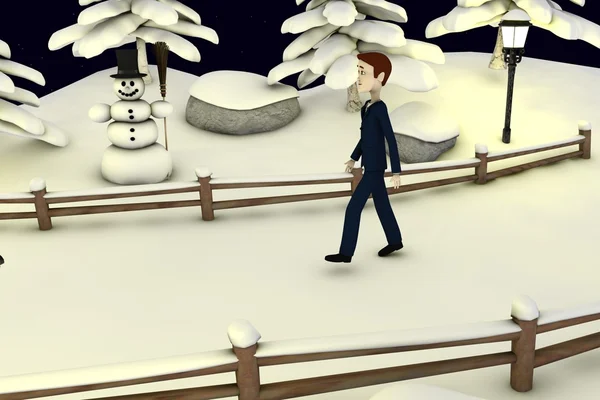 3D-Darstellung der Cartoon-Figur in der Winterlandschaft — Stockfoto