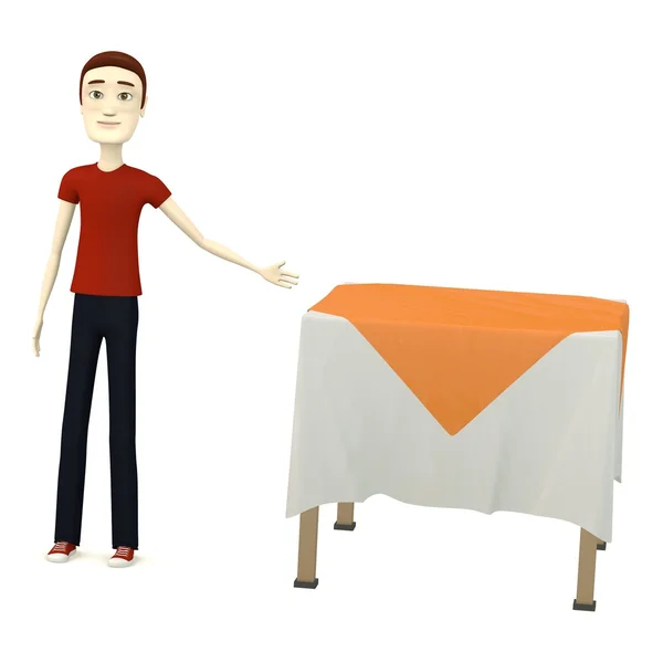 3d render of cartoon character with table — Stock Photo, Image