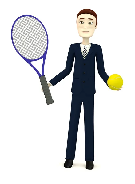 3D визуализация персонажа мультфильма с теннисным мячом и ракеткой — стоковое фото