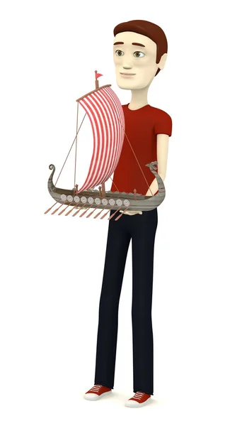 3D визуализация персонажа мультфильма с кораблем викингов — стоковое фото