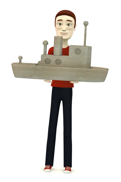 3d render of cartoon character with wooden ship — Stock Photo, Image