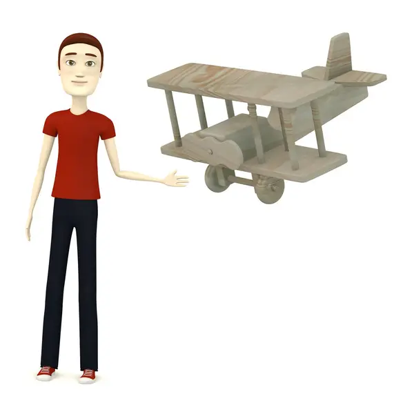 3d render of cartoon character with wooden plane — Stock Photo, Image