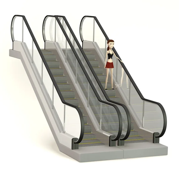 Çizgi film karakteri yürüyen merdiven üzerinde 3D render — Stok fotoğraf